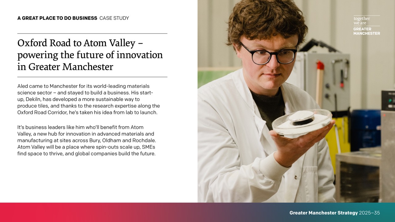 Example of a PowerPoint slide featuring Aled, founder of Dekin, highlighting innovation from Oxford Road to Atom Valley in Greater Manchester
