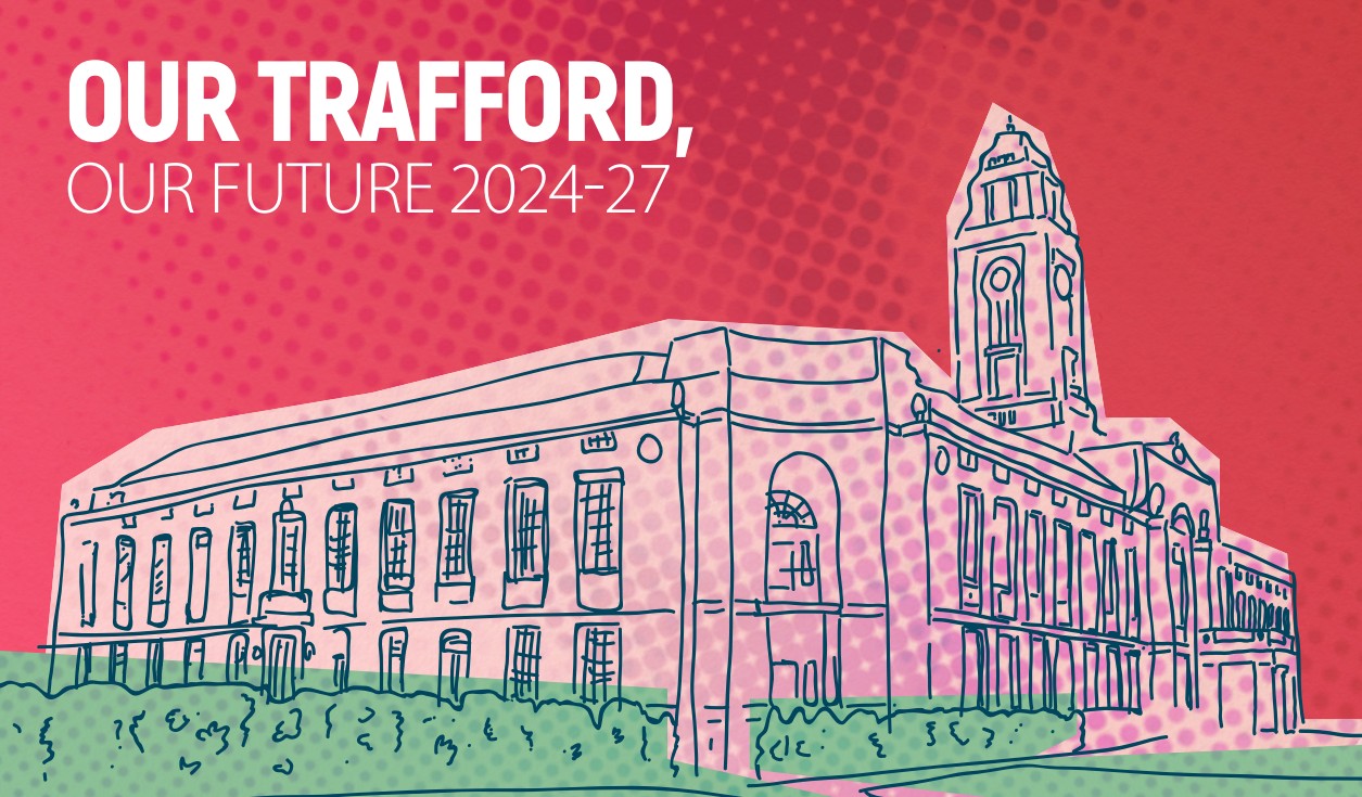 Red background with white wording overlayed. Words read "Our Trafford our future 2024 - 2027
