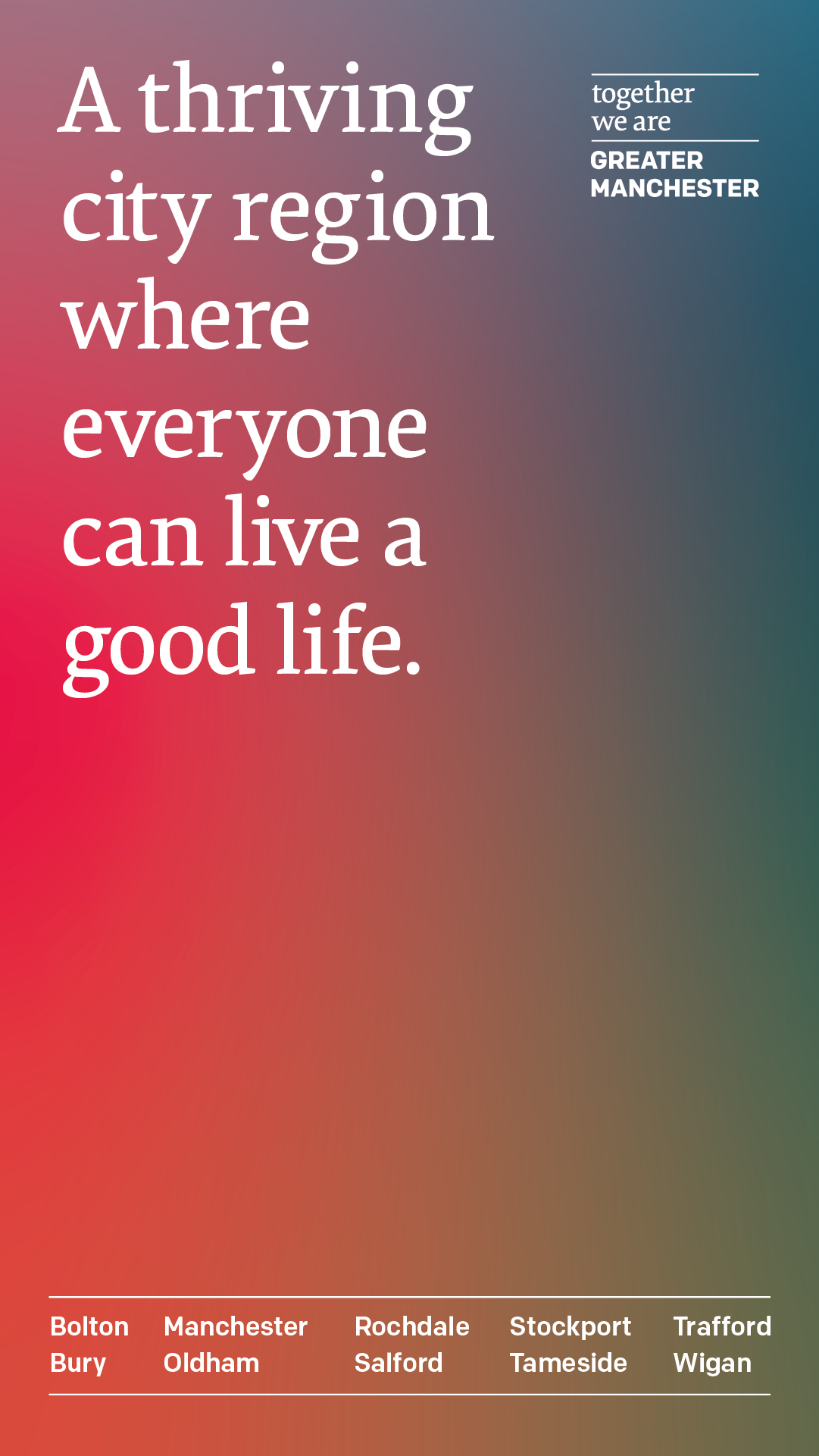 Social media graphic, the background is a pink to blue gradient with the text "A thriving city region where everyone can live a good life."