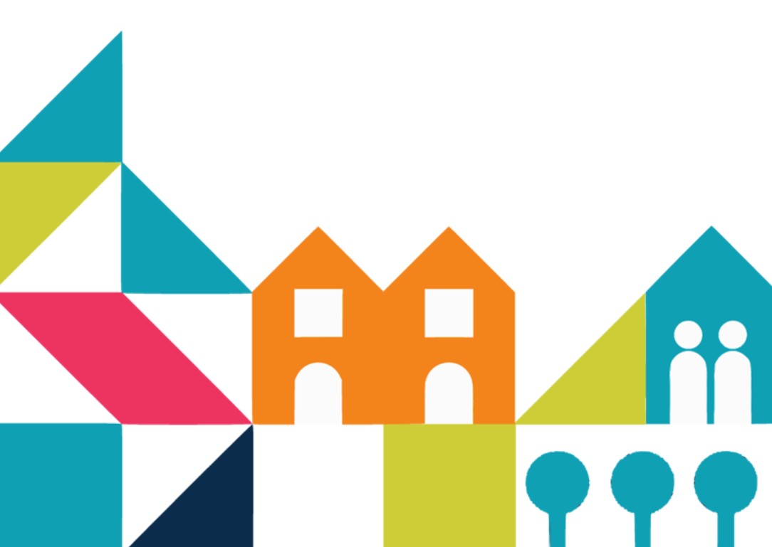 Cover image of the Oldham plan showing colourful graphic shapes representing houses, people and trees